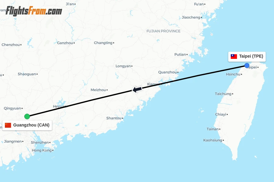 Flights from Taipei to Guangzhou route map