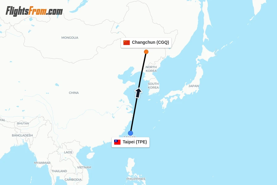 Flights from Taipei to Changchun route map