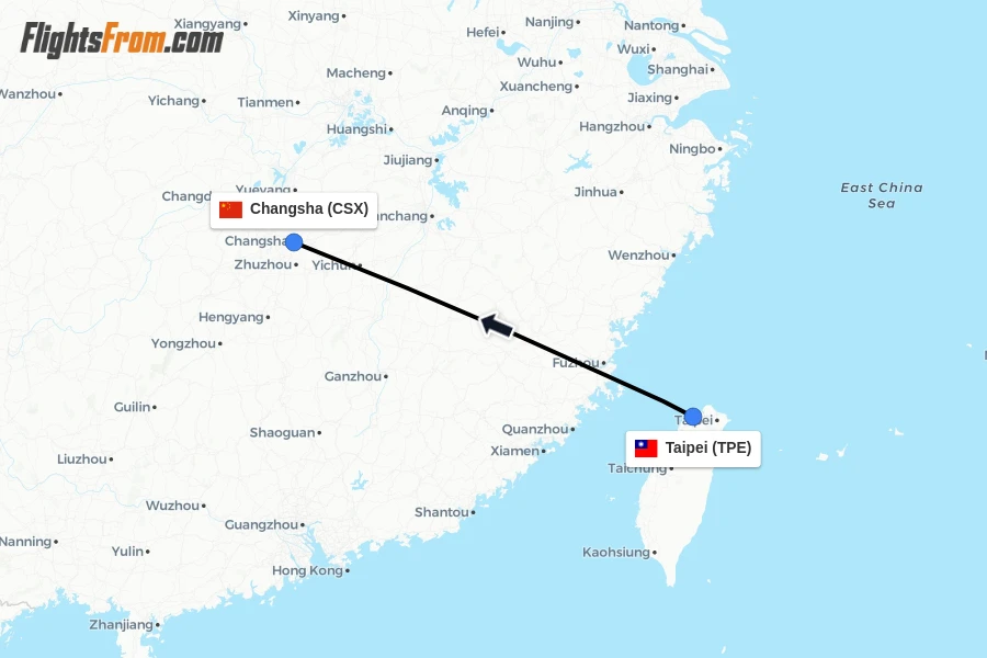 Flights from Taipei to Changsha route map