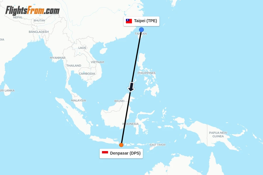 Flights from Taipei to Denpasar route map