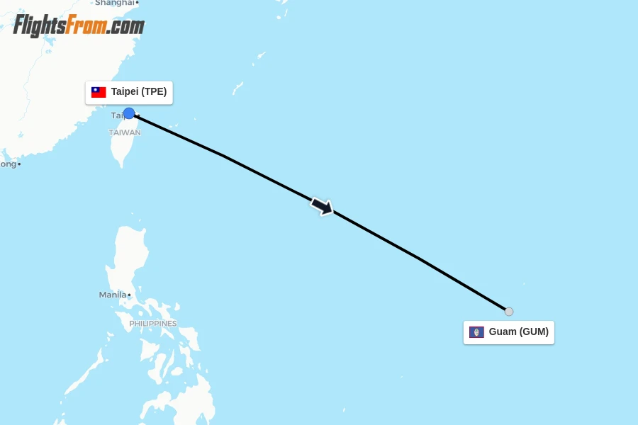 Flights from Taipei to Guam route map