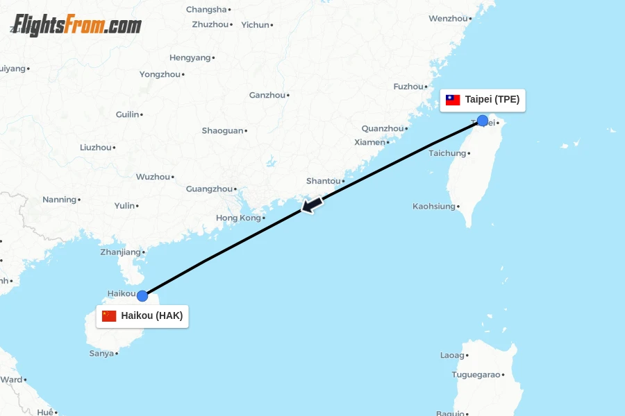Flights from Taipei to Haikou route map