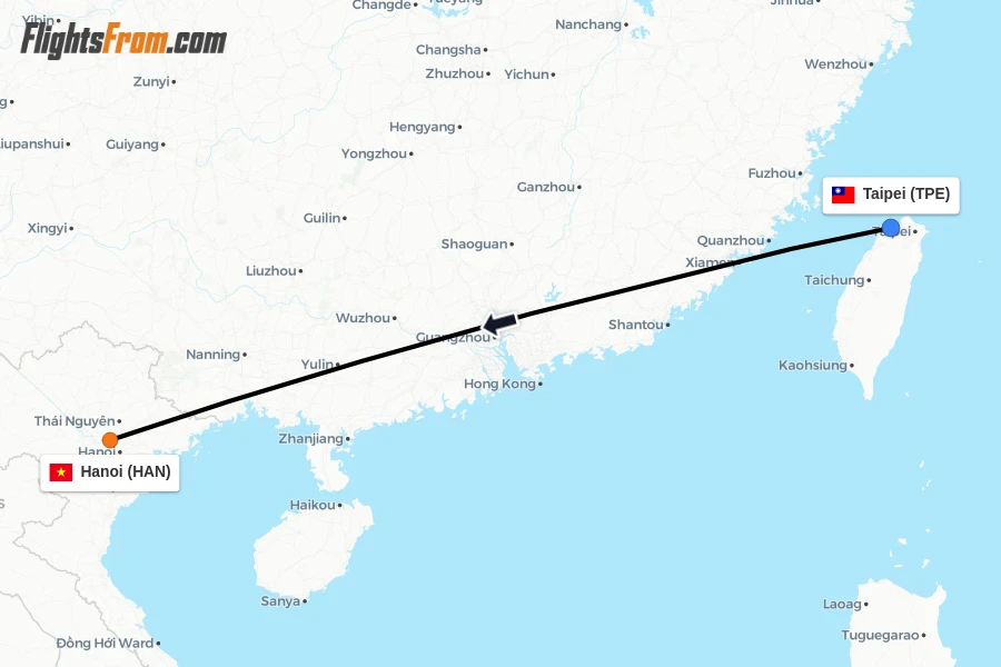 Flights from Taipei to Hanoi route map