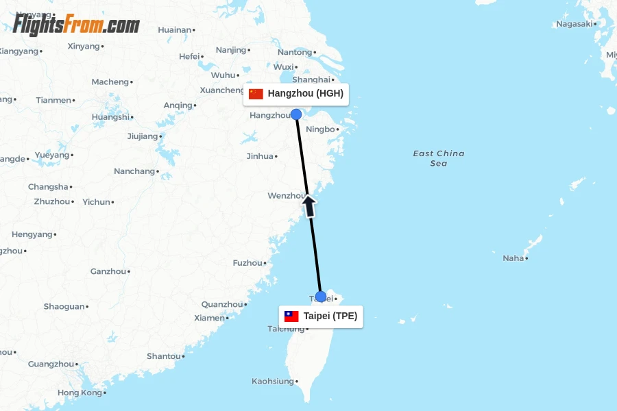 Flights from Taipei to Hangzhou route map