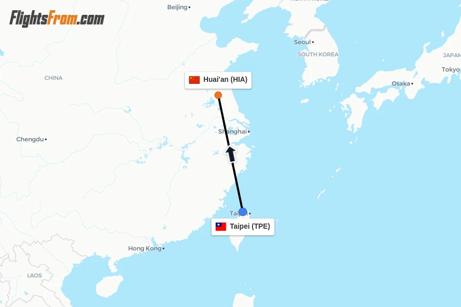 Flights from Taipei to Huai'an route map