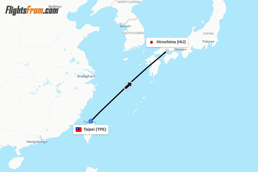 Flights from Taipei to Hiroshima route map