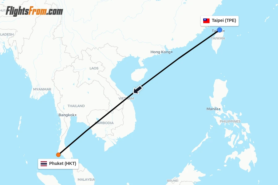 Flights from Taipei to Phuket route map