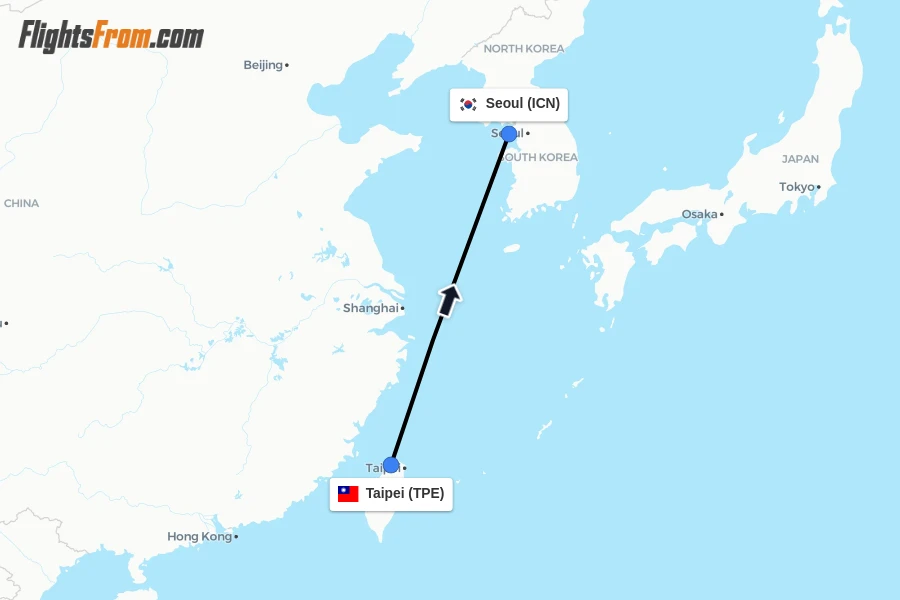Flights from Taipei to Seoul route map