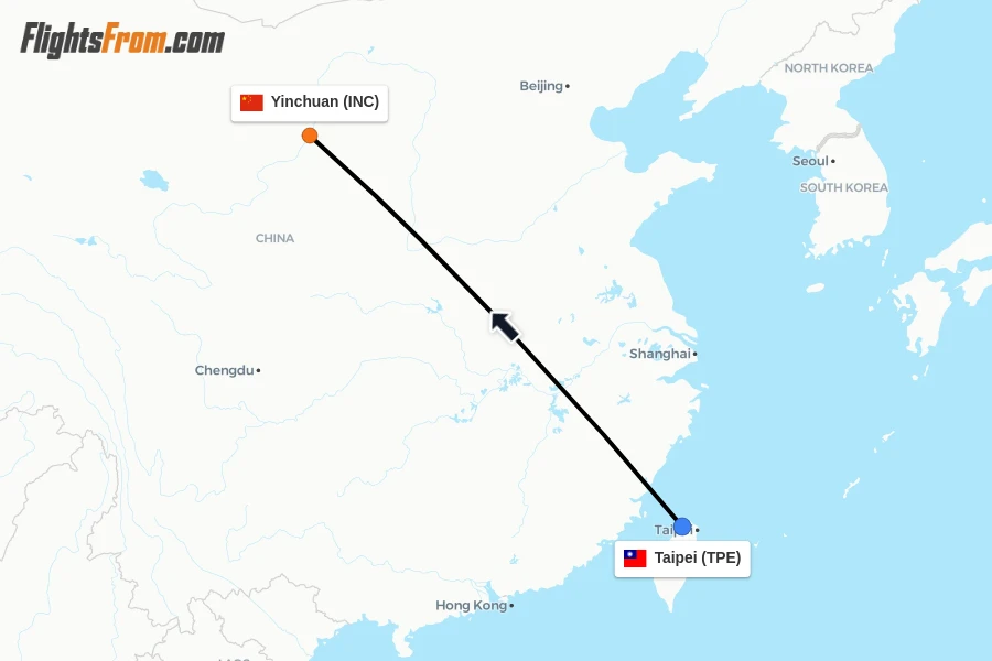 Flights from Taipei to Yinchuan route map