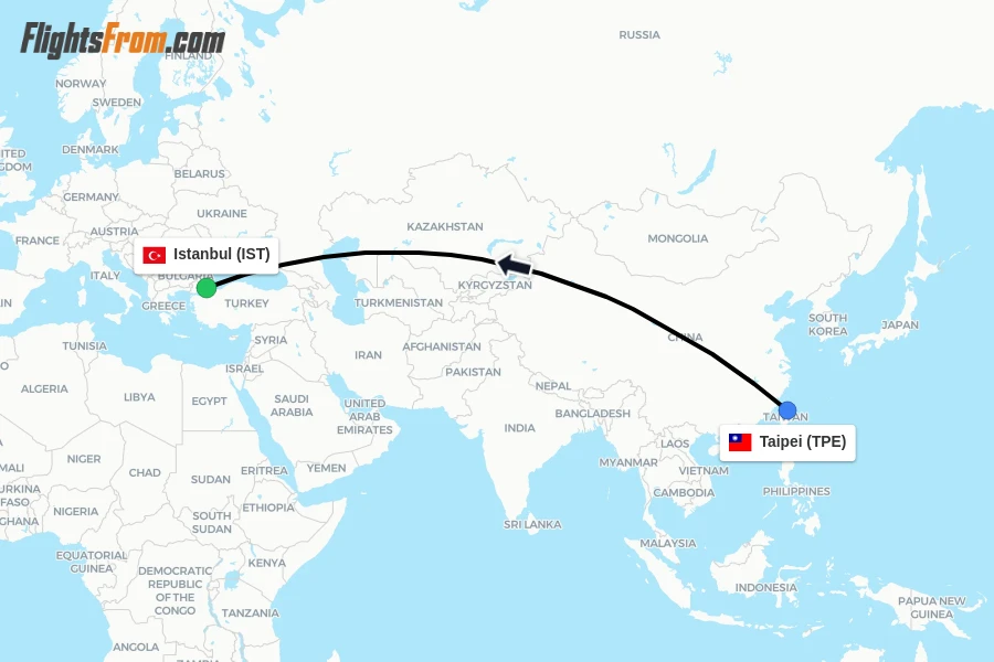 Flights from Taipei to Istanbul route map