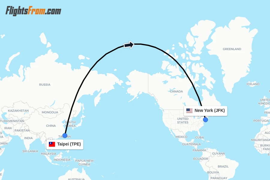 Flights from Taipei to New York route map