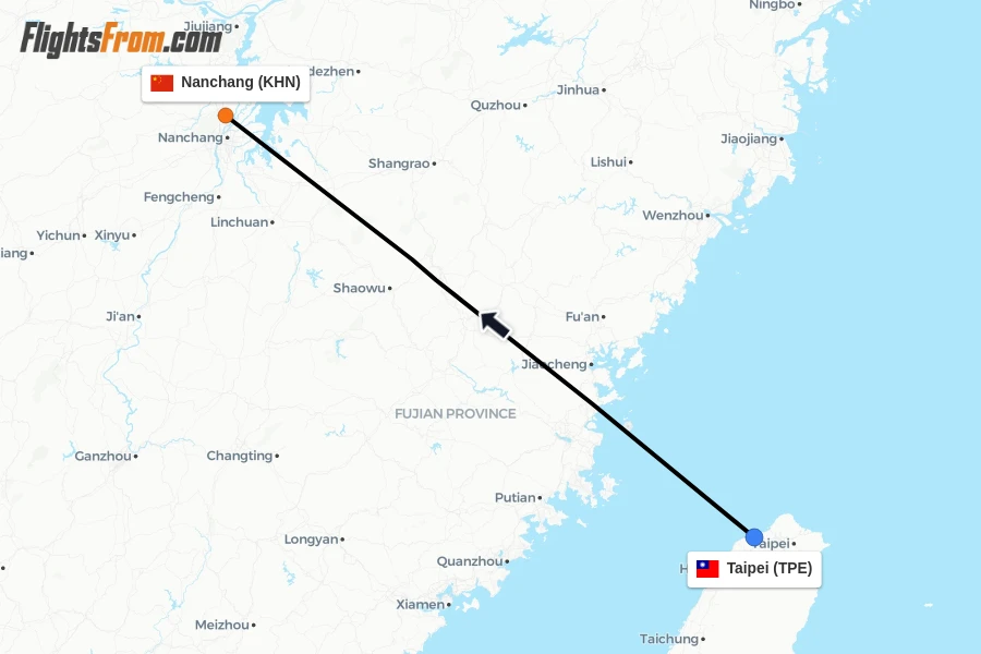 Flights from Taipei to Nanchang route map