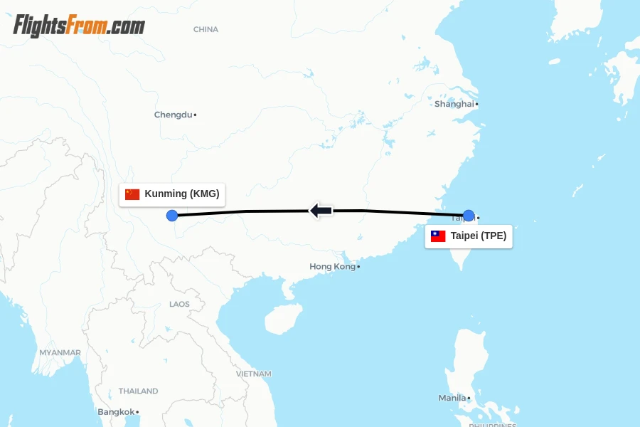 Flights from Taipei to Kunming route map