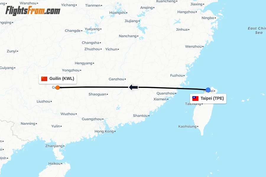 Flights from Taipei to Guilin route map