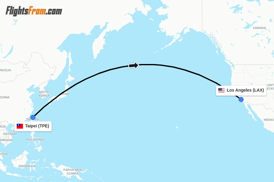 Flights from Taipei to Los Angeles route map