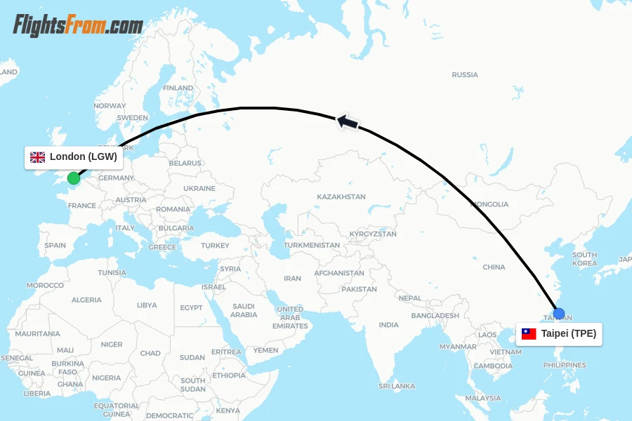 Flights from Taipei to London route map