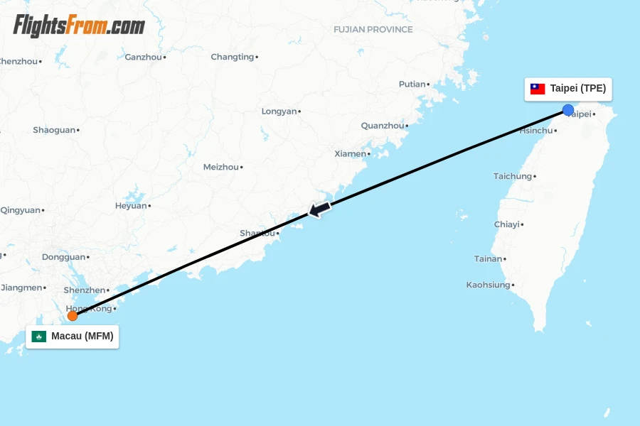 Flights from Taipei to Macau route map