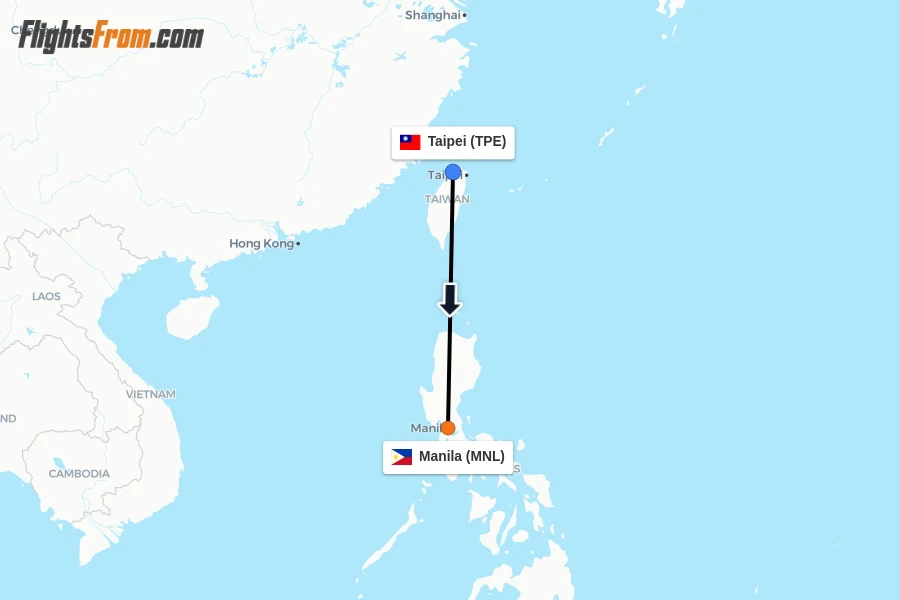 Flights from Taipei to Manila route map