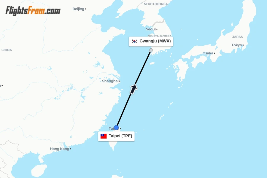 Flights from Taipei to Gwangju route map