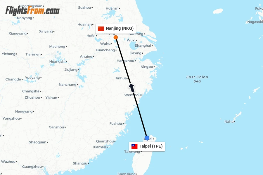 Flights from Taipei to Nanjing route map