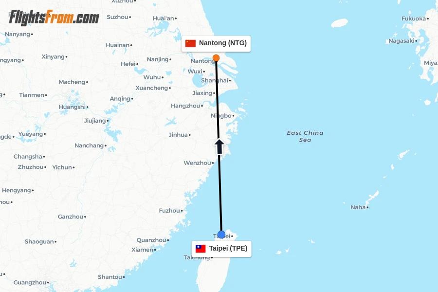 Flights from Taipei to Nantong route map