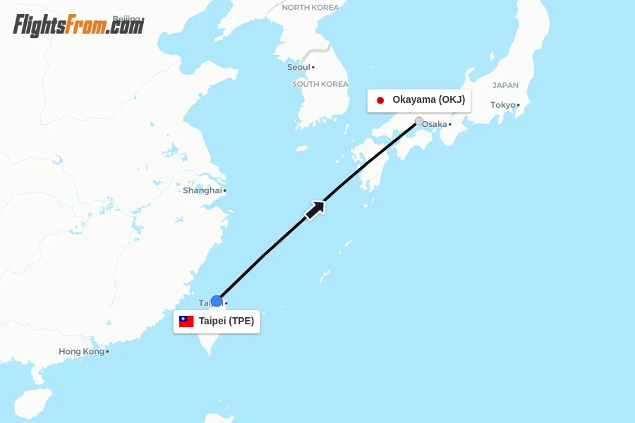 Flights from Taipei to Okayama route map