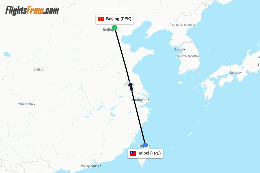 Flights from Taipei to Beijing route map