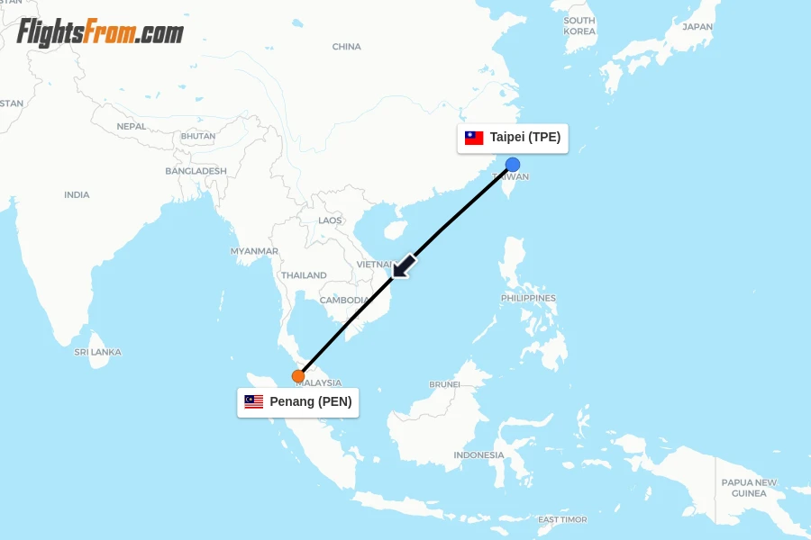 Flights from Taipei to Penang route map
