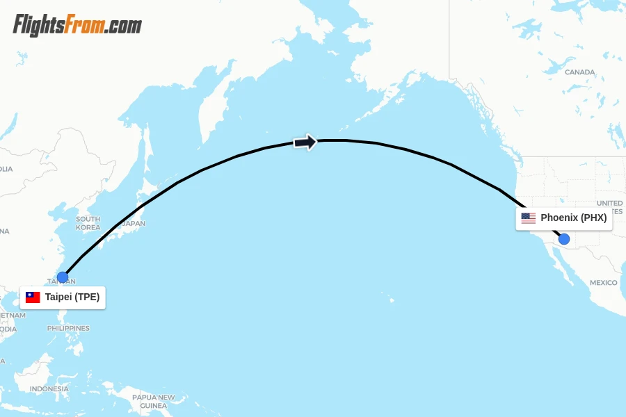 Flights from Taipei to Phoenix route map