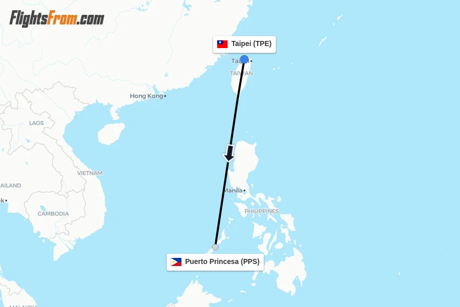 Flights from Taipei to Puerto Princesa route map