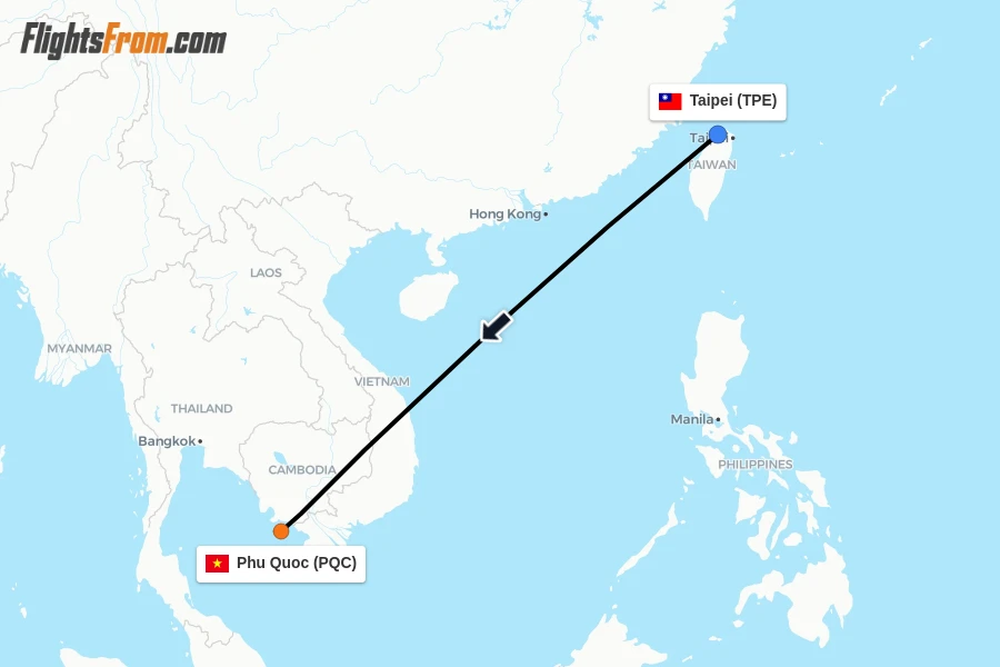 Flights from Taipei to Phu Quoc route map
