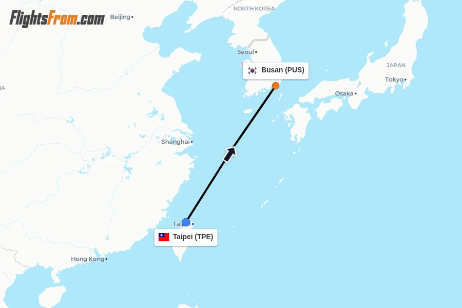 Flights from Taipei to Busan route map