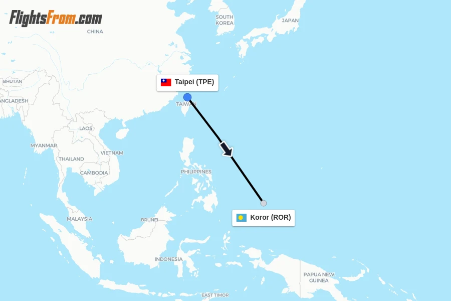 Flights from Taipei to Koror route map