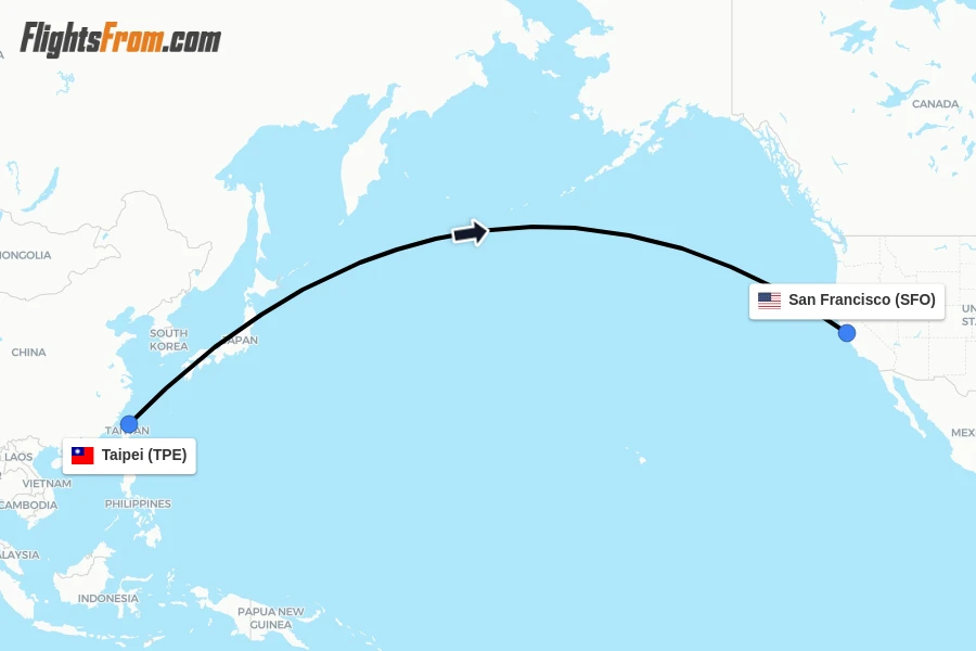 Flights from Taipei to San Francisco route map