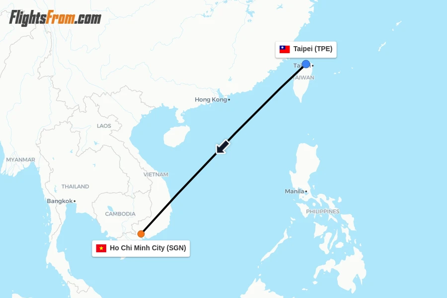 Flights from Taipei to Ho Chi Minh City route map
