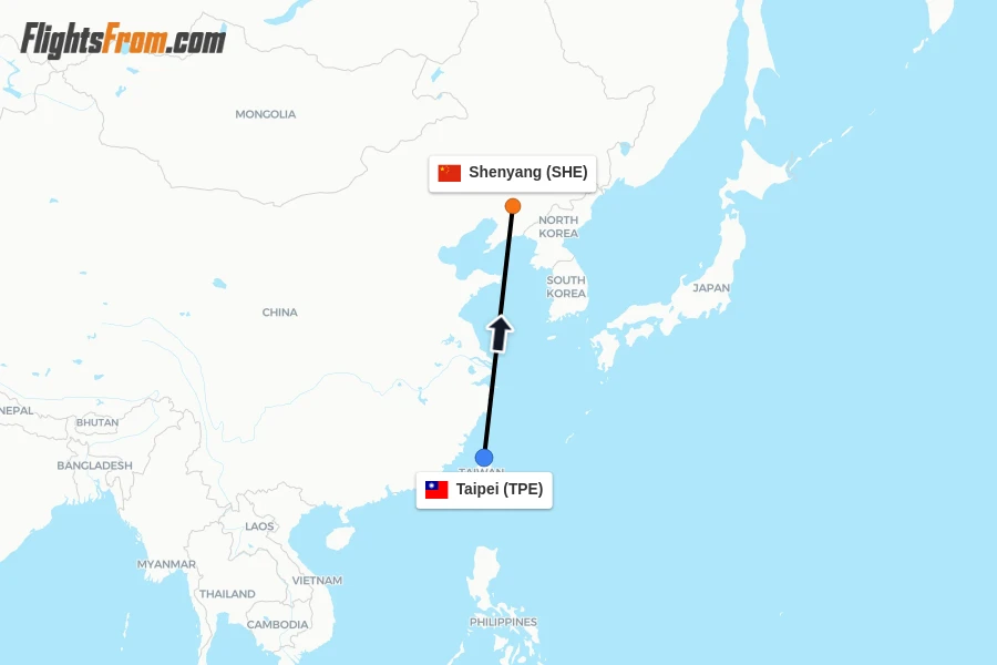 Flights from Taipei to Shenyang route map
