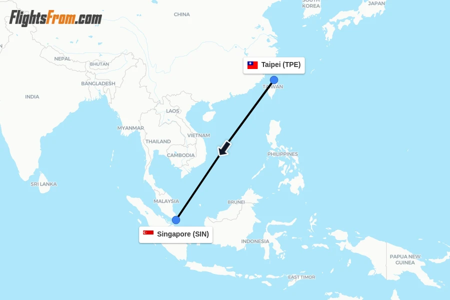 Flights from Taipei to Singapore route map