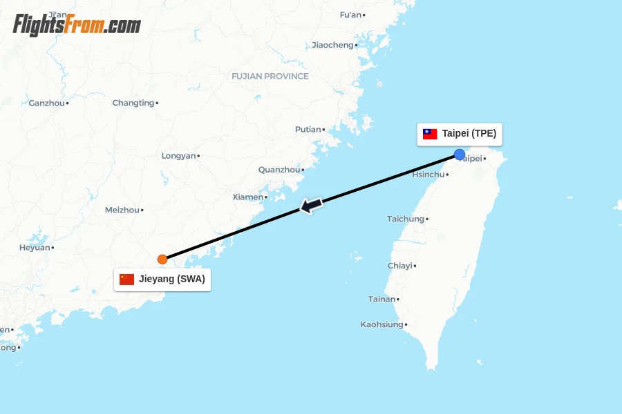 Flights from Taipei to Jieyang route map