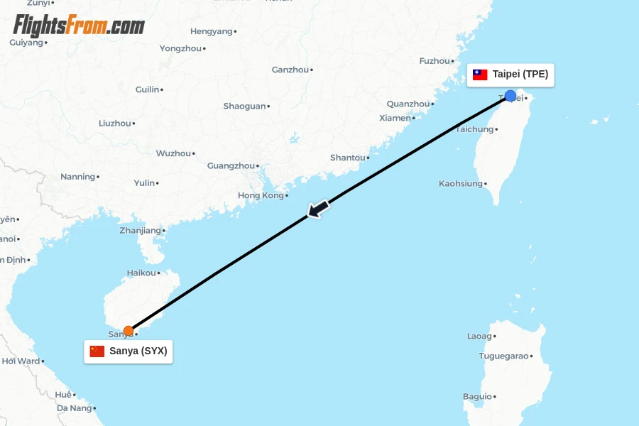 Flights from Taipei to Sanya route map