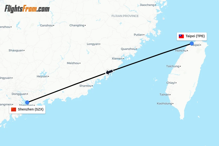 Flights from Taipei to Shenzhen route map