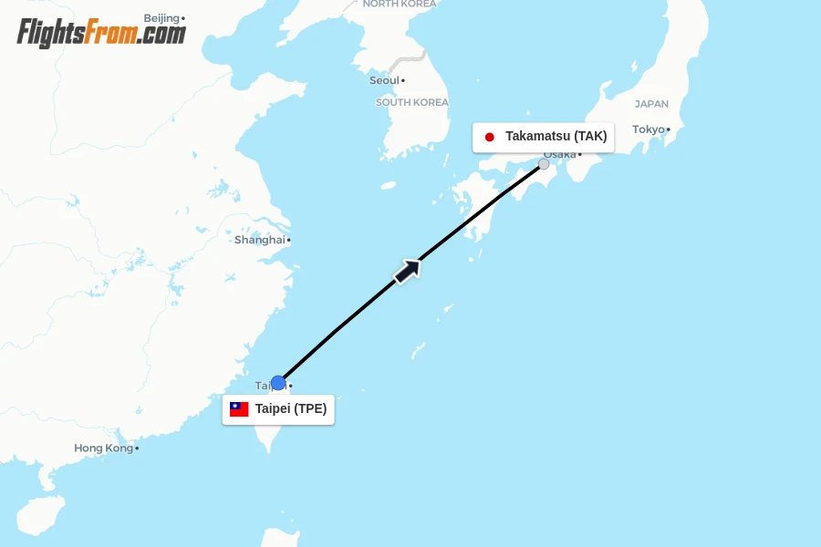 Flights from Taipei to Takamatsu route map
