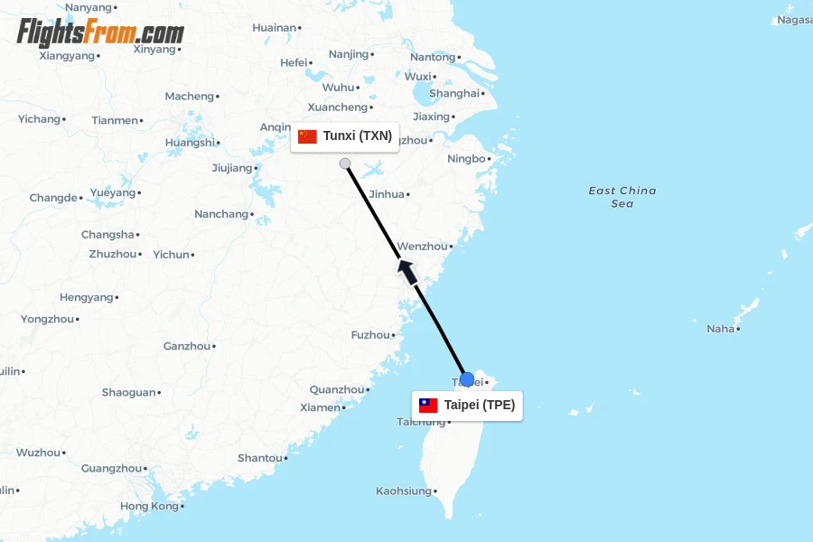 Flights from Taipei to Tunxi route map