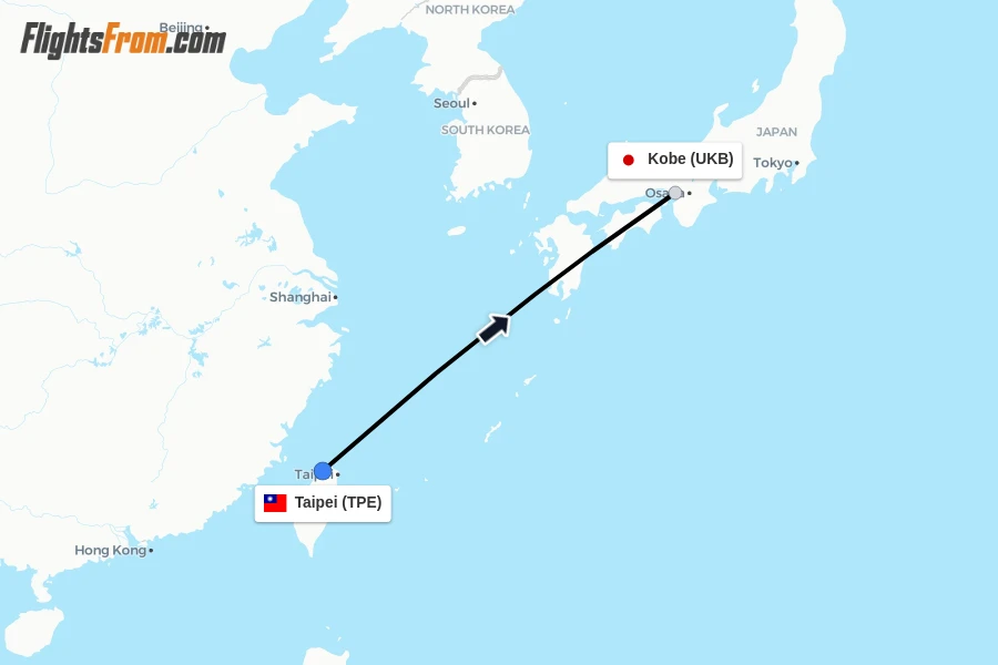 Flights from Taipei to Kobe route map