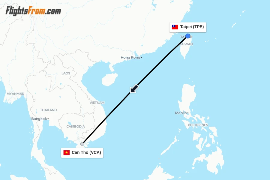 Flights from Taipei to Can Tho route map