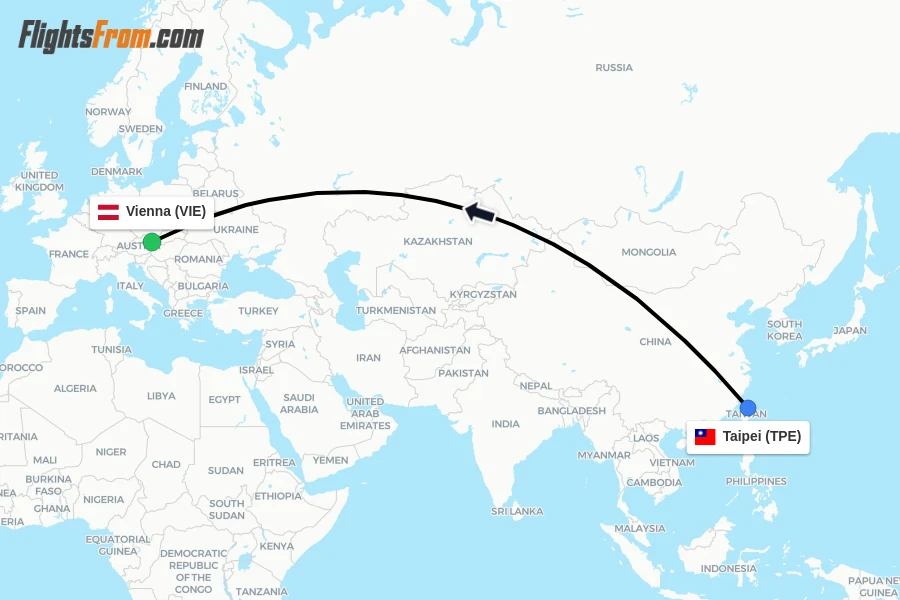 Flights from Taipei to Vienna route map