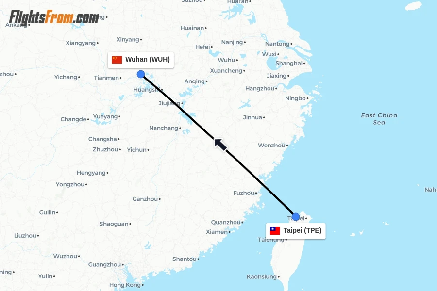 Flights from Taipei to Wuhan route map