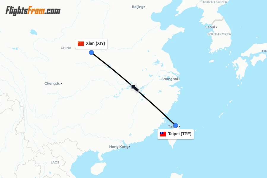 Flights from Taipei to Xian route map