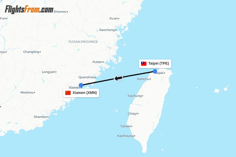 Flights from Taipei to Xiamen route map