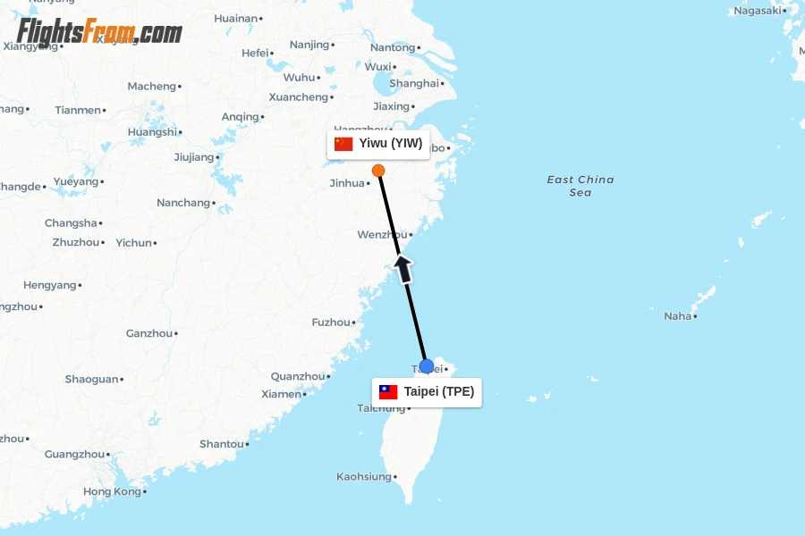 Flights from Taipei to Yiwu route map