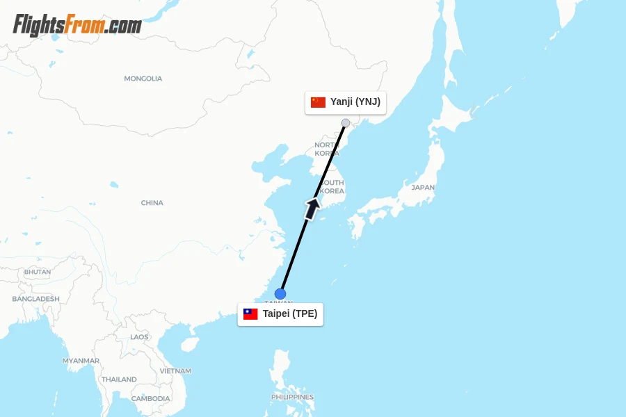 Flights from Taipei to Yanji route map